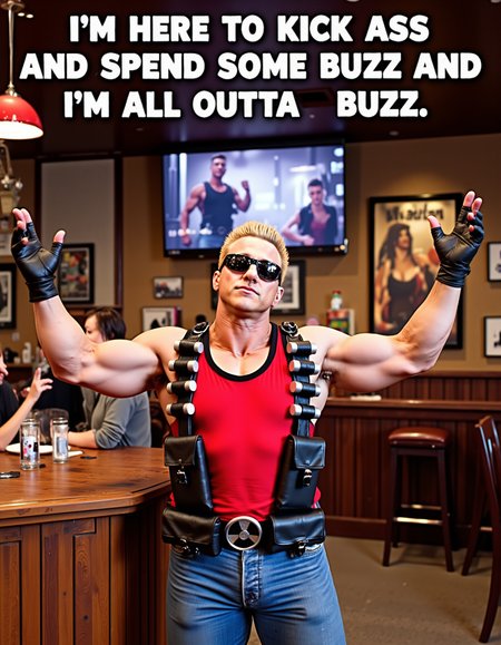duke nukem , at top of image floating white big text "I'm here to kick ass and spend some Buzz, and I'm all outta Buzz" with black outline , blonde man wearing sunglasses, red sleeveless shirt, black gloves, belt suspenders with shotgun shells on them in the bar with wooden furniture, <lora:flux\Textimprover-FLUX-V0.4.safetensors:1.0:1.0> <lora:flux\Duke_Nukem.safetensors:1.0:1.0>
