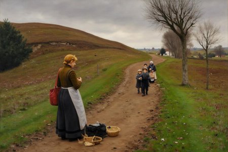 hansandersenbrendekilde1 painting. 
A dirt path winding through rolling hills. A woman on the left with a red bag and a basket stands, her back to the viewer. Further down, children in dark clothing walk with another woman carrying a basket. Trees and houses are in the distance under an overcast sky. <lora:hansandersenbrendekilde1_cap_d8a4e11:1.0><lora:855165153254087360:0>