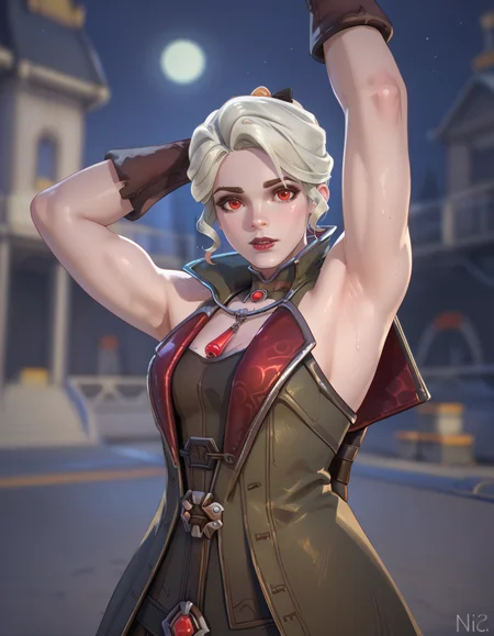 score_9,score_8_up, score_7_up, high-res, 2k, best quality, 2.5d, 1girl,  vampire hunter brig, brigitte (overwatch), short hair, at night, castle   <lora:Vampire_brig_pony-000043:1> Legs parted arms up