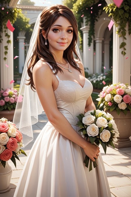score_9, score_8_up, score_7_up,
<lora:MEDiana:0.8>
MEDiana, 1girl, brown hair, brown eyes, long hair, looking at viewer, garden, wedding dress, necklace, smile, bouquet, day, confetti, cowboy shot, standing