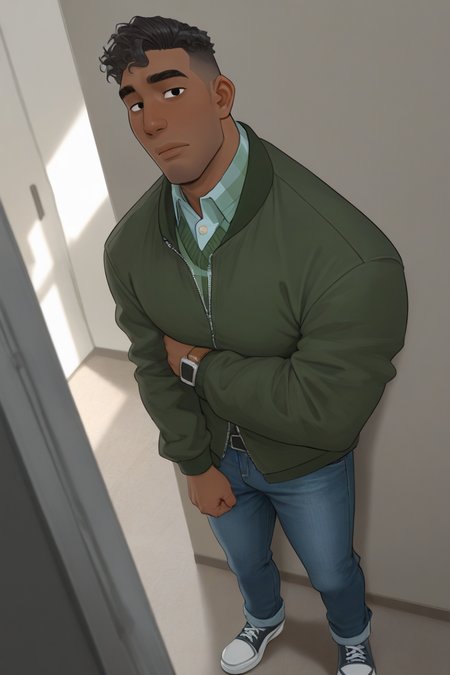 expressive manly face, shadow, dynamic angle, intricately detailed, depth of field, masterpiece, best quality, amazing quality, very aesthetic, absurdres, newest, very awa, 1boy, make focus, solo,coralluke,black hair,short hair,black eyes,dark skin, green jacket, plaid collared undershirt, denim pants, shoes, standing, looking at viewer, 