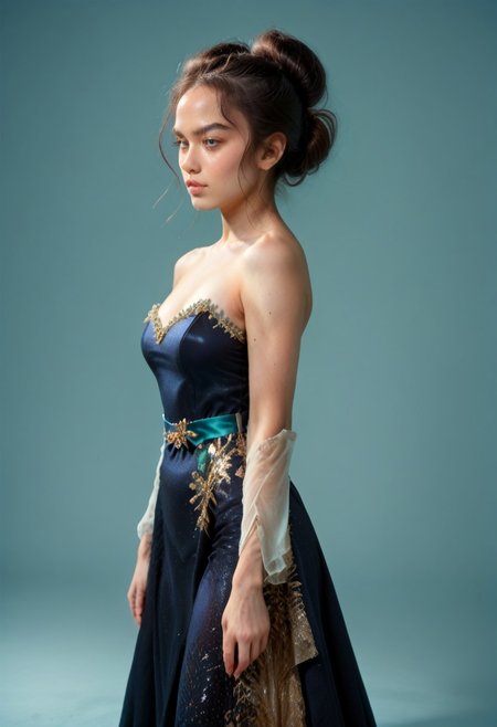 score_9, score_8_up, score_7_up, black colored kebaya dress (long dress, skin tight, strapless, off shoulder, luxurious design, simple sash, sequin skirt, brocaded),
pureerosface_v1, JDMAI_KEBAYA, JDMAI_ARIEL_SARI, 
(dynamic lighting), (dynamic shadow), 4k, HD, Hi res, cinematic masterpiece, photographic masterpieces, epiCPhoto,
Neat hair bun, professional makeup, side view, 
Portrait, upper body, alluring pose, confident facial expression, 
(simple turquoise background), (blurry background), (sharp focus on object),