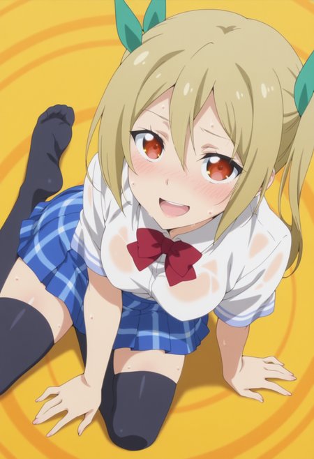 anime screencap, anime coloring, <lora:DX888Akane:1> segawa akane, red eyes, blonde hair, long hair, twintails BREAK hair ribbon, school uniform, white shirt, red bowtie, plaid skirt, blue skirt, thighhighs, BREAK simple background, yellow background,  spiral background, BREAK     1girl, arm support, blush, breasts, feet, from above, looking at viewer, looking up, open mouth, sitting, smile, soles, solo, sweat,
