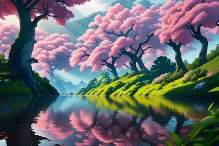 a cliff facing away from the camera to a field of lush pink trees rivers and small humble villages. The era I feudal Japan. The ocean is off in the distant background. As the pitch of trees  has white leaves the ocean is far away behind the forest. realistic. hd. 4k. the water creates a beautiful reflection. and the scene looks like it was taken from a 35mm camera. the scene looks like a photo heavily dense forest.