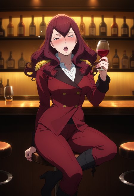 masterpiece, best quality, amazing quality, 1girl, solo, femieanneww, mature female, red eyes, red hair, long hair, curly hair, hair between eyes, lipstick, vers uniform, military uniform, red jacket, epaulettes, red pants, black knee boots, high heels, <lora:Aldnoah_Zero_Femieanne_ill:1>, sitting, alcohol, drunk, wineglass, holding wineglass, blush, open mouth, narrowed eyes, looking at viewer, indoors, bar \(place\), bar stool, skindentation, detailed clothing folds, depth of field, sharp, high contrast, dynamic light