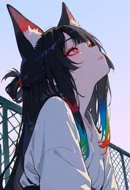 masterpiece, best quality, very awa, absurdres, detailed eyes, detailed face, detailed skin, simple background, BREAK 
Flat colors, high detailed, high quality, masterpiece, best quality, very awa, absurdres, detailed eyes, detailed face, detailed skin, simple background, BREAK
(colourful:1.3), (cute character:1.5), 1girl, miyabihoshimi, miyabi hoshimi, animal ear fluff, animal ears, black hair, bright pupils, fox ears, fox girl, half updo, long hair, red eyes, sidelocks, white pupils, male, detailed eyes, xiaohongshu style, aegyo sal, solo, beautiful eyes, focus face, 1girl, stands with her back leaning against a fence, looking up into the sky, chain link fence, outdoors, angle from below, looking up at the sky, 748cmstyle