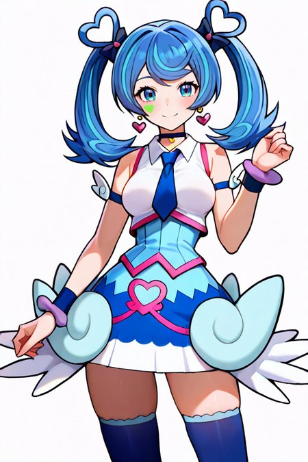 masterpiece, High quality, Ultra detailed, 2d, newest, absurdres, highres, BREAK
1girl, solo, <lora:blue_angel:0.8>, angel_blue, twintails, blue hair, blue eyes, heart, heart earrings, facial tattoo, choker, 
medium breasts, aoidef, sleeveless shirt, blue necktie, jewelry, wristband, skirt, wings, blue thighhighs, zettai ryouiki, 
looking at viewer, smile,