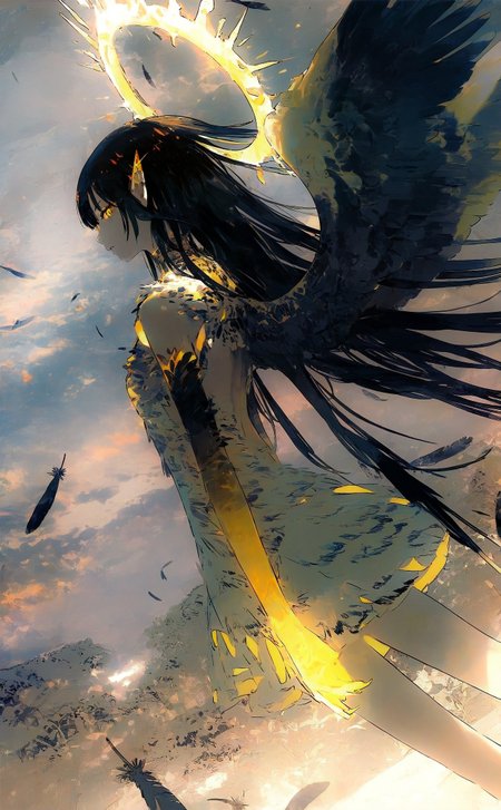 (by kukka:1.2), 
portrait, from side, profile,  dynamic angle, dutch angle, 
(glowing yellow aura:1.1) theme, (dynamic pose:1.2), glowing yellow arms,
aurel crown, 1girl, black hair, straight hair, sideways glance, staring, glowing yellow eyes, slit pupils, thick eyelashes, long eyelashes, glowing halo, winged halo, elf ears, glowing clothes, glowing eyes,
black feathers, feathered wings,
detailed background, glowing theme,
outdoors, (scenery:1.2), textured detailed illustration, gradient skin, 
very awa, best quality, highres, masterpiece, very aesthetic,
<lora:nhl-004:0.9>  nhl-004,