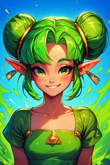 score_9, score_8_up, score_8, medium breasts, (curvy), cute, eyelashes,       BREAK, , zzFarore, green eyes, green hair, double bun, pointy ears,  bangs, green dress, collarbone, short sleeves  <lora:Farore_Zelda_PDXL:0.5>, , BREAK, embedding:zPDXL, Expressiveh, <lora:EnergyCAT:1.0>, solo, smile, looking at viewer, upper body, aura, blue sky, <lora:SDXLFaeTastic2400:0.5>, <lora:Expressive_H-000001:0.4>,