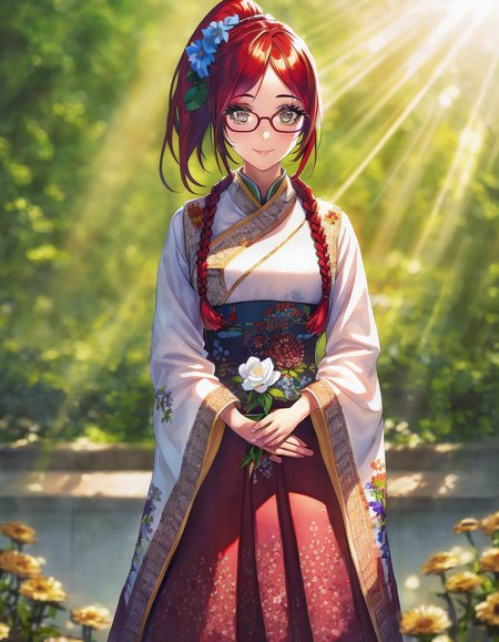 1girl, hands, eyes, eyelashes, ponytail, braids, flower hairstick, embroidery, red hair, glasses, solo, plants, sunlight, masterpiece, detailed, depth of field, reflective, caustics, realistic