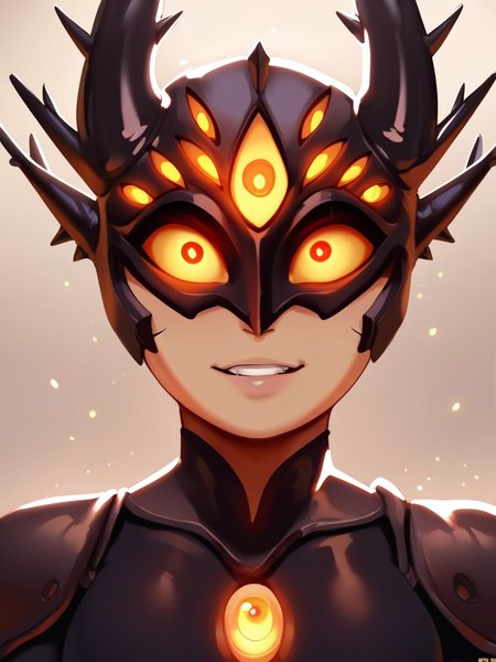 (score_9,score_8_up,score_7_up,score_6_up,),<lora:darcy(amphibia)>,darcy,horns,extra eyes,yellow eyes,glowing eyes,red pupils,orange sclera,half_mask,marcy wu,score_cartoon,<lora:Lunas-JLullaby-SDXL-A3:1>,jlullaby,