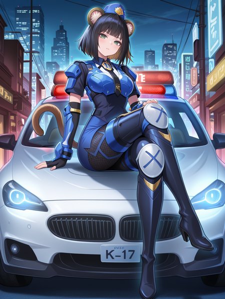 k9 city,official alternate costume,k9-17 ripper,1girl,motor vehicle,solo,cityscape,sitting on car,white car,hand on car,tail,looking at viewer,crossed legs,outdoors,head tilt,power lines,blue garrison cap,blue fingerless gloves,black vest,black necktie,blue jacket,blue pencil skirt,blue thigh boots,white shirt,fishnet pantyhose,full body,police car, 
masterpiece,best quality,amazing quality,very aesthetic,absurdres,newest,<lora:K9-17 Ripper & Izuna illusXL v1.33:0.72>,