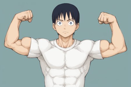 <lora:SlimesAtsushiOhkuboStyle:1>, slimes_atsushistyle, male, upper body portrait, big eyes, top knot, tight t-shirt, flexing, art by Atsushi Ohkubo
