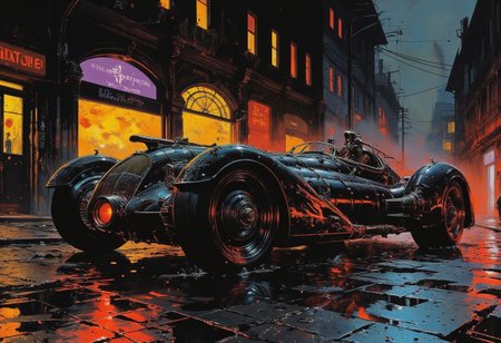 A futuristic black car with an ornate, gothic-inspired design, resting on a wet street, illuminated by neon reflections on the rain-soaked cobblestones. The custom-made vehicle boasts a streamlined body with large, bold, low-profile wheels that exude power and precision. Its intricate metallic details feature sculpted ornamentation, blending gothic elegance with high-tech futurism. Dramatic lighting cuts through the foggy night, casting long shadows and creating a striking color contrast of glowing neon blues and purples against the sleek black surface of the car. The scene combines gothic sci-fi with Renaissance aesthetics, framed as a masterpiece painting of futuristic high-tech beauty.,deep contrasting shadows, gloss,    
detailed,vibrant,colorful,color contrast,(dramatic lighting),Picture-perfect image, fog,light particles,expressive,cinematic,((no humans)),UHD,absurdes,visionary,scifi noir.crimson, yellow and purple,close-up,zoomed,centered