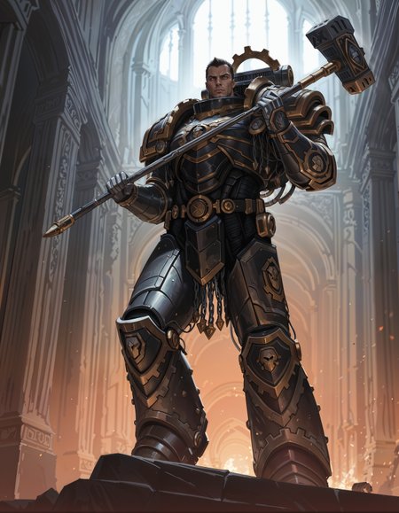 masterpiece, best quality,high quality, newest, highres,8K,HDR,absurdres, dynamic angle, realistic, 1boy, iLLFerrusM40k, solo, metallic arms, power armor, determined eyes, holding a hammer, in a palace  <lora:iLLFerrusM40k:1>
