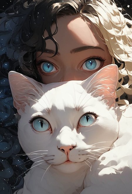 score_9, score_8_up, score_7_up, score_6_up, score_5_up, score_4_up,  girl and a white cat, wavy hair (black star:1.2), girl has dark blonde hair and blue eyes, small eyes, galaxy, black background
