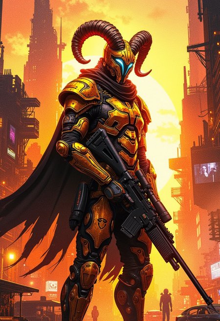 Abstract digital painting in the style of ck-js, concept art, futuristic, cyberpunk Shiba warrior, gold and black power armour, elongated helmet with metal ram horns, standing on street of futuristic sci-fi city, holding large long sniper rifle, towers, domes and skyscrapers, sunset, rule of thirds, perfect lighting, sunset, HD32K, wallpaper, hyperdetailed