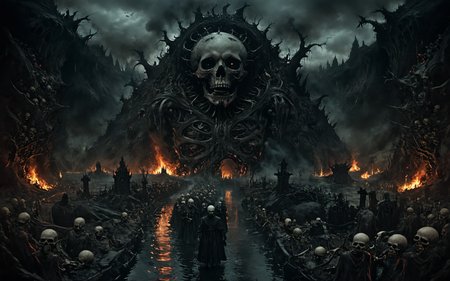 Horror-themed a dark,cinematic film still whimsical madness illustrated,a broad abysmal landscape in the darkness of hell,tiny burning skulls light the path from the river styx to the gates of hell,souls of the damned travel to hell,horror filled landscape,utilize negative space to illustrate a masterpiece work,<lora:- SDXL - vant_blk_contrast_V2.0:0.95>,<lora:EdobHorrorLandscape_XL_v1.0:0.65>,EdobHorrorLandscape,<lora:WildcardX-XL-Detail-Enhancer:0.95>, . Eerie, unsettling, dark, spooky, suspenseful, grim, highly detailed