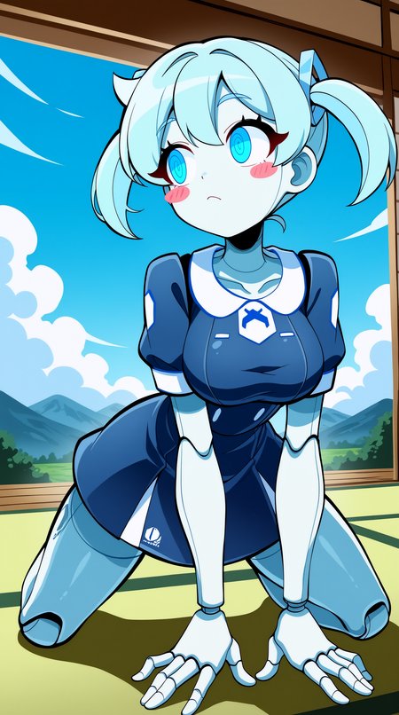 masterpiece, best quality, amazing quality, aesthetic,  absurdres, best quality, 4k, upscale, indoors, tatami, sky, landscape,(dynamic pose, foreshortening), (pose), Robo-Alice, , robot, humanoid robot,  1girl, colored skin, v, solo, android, joints, blush stickers, short sleeves, looking to the side, robot joints, twintails, short twintails, dress, blue eyes, ringed eyes, blue hair, medium breasts,  closed mouth, blue dress,   <lora:Robo-Alice_IL:0.8>