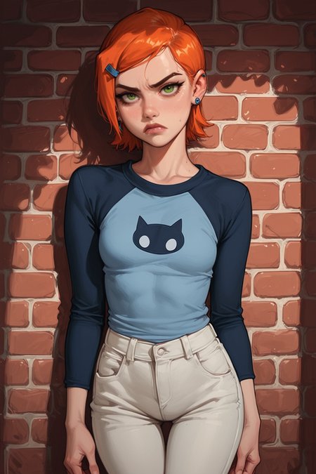 1girl, solo, pants, hair ornament, short hair, orange hair, green eyes, raglan sleeves, hairclip, looking at viewer, jewelry, earrings, white pants, stud earrings, brick wall, shirt, electricity, denim, cowboy shot, long sleeves, blue shirt, jeans, closed mouth, standing, frown, small breasts, Gwen Tennyson (Ben10), zPDXL3, detailxl,  Score_PnyReal