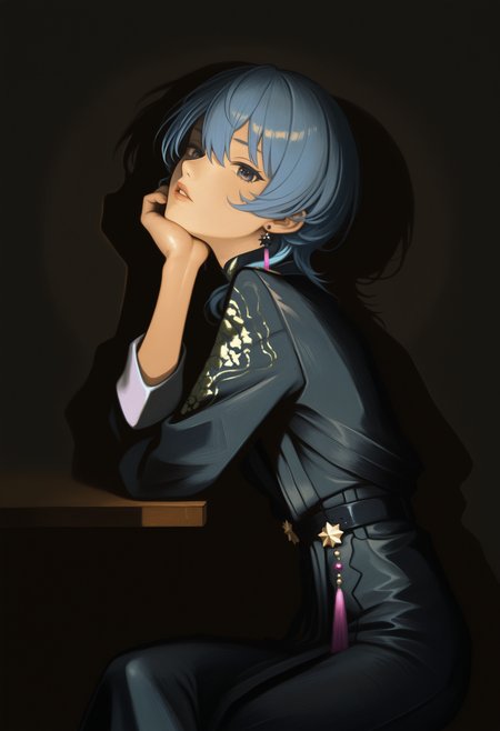 painterly, hoshimachi suisei, hoshimachi suisei \(oriental suit\), artist:[caravaggio|rembrandt|renoir|yoneyama mai|cursedweeboo|daodtt|diao \(nrays\)|ravine bells|svveetberry],

1girl,  crossed legs, looking at viewer, jewelry, symbol in eye, black belt, black jacket, black dress, star \(symbol\), open clothes, multicolored hair, black background, dark, from side, head tilt, parted lips, hand on own cheek, shadow,

newest, impasto, brushstroke, impressionism, chiaroscuro, oil painting \(medium\), newest, absurdres, masterpiece, very aesthetic