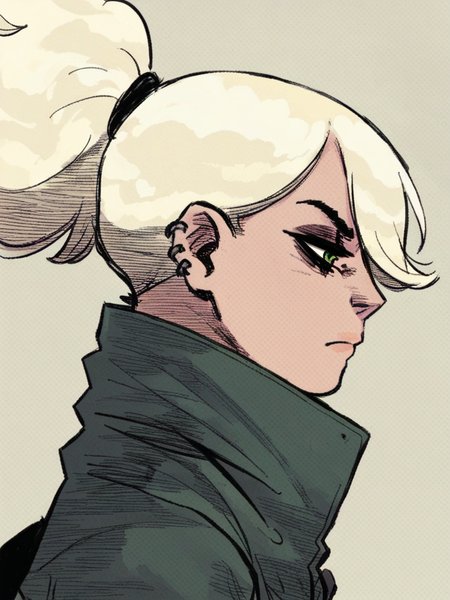 score_9, score_8_up, score_7_up, 
1girl, erica slaughter, green eyes, ponytail, blonde hair, hair over one eye, ear piercing, 

from side, green jacket, frown, narrowed eyes, profile, simple background,
