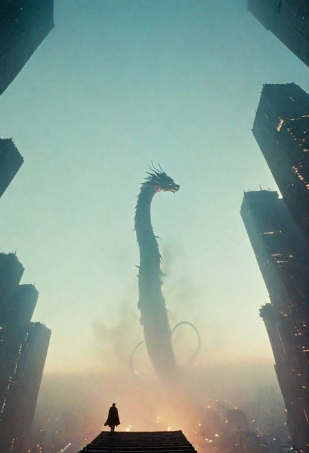Low Angle Shot, eastern dragon by franco fontana, Blade Runner Style, Capture the awe-inspiring sight of a colossal, mystical Chinese eastern dragon weaving through a labyrinth of a dystopian mega city skyline, its luminous, semi-transparent form illuminated against the night sky. 
atmospheric haze, Film grain, cinematic film still, shallow depth of field, highly detailed, high budget, cinemascope, moody, epic, OverallDetail, gorgeous, 2000s vintage RAW photo, photorealistic, candid camera, color graded cinematic, eye catchlights, atmospheric lighting, skin pores, imperfections, natural, shallow dof