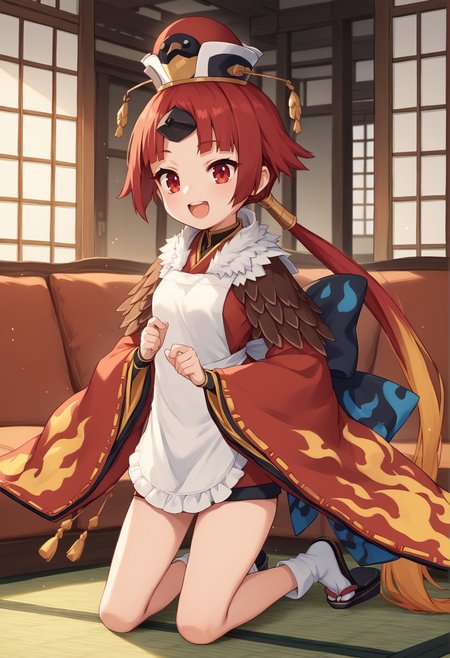 1girl, red eyes, red hair, yellow hair, long hair, Multicolored Hair, low ponytail, single horn, hat, red headwear, japanese clothes, kimono, flame print, wide sleeves, apron, feather trim, feathers, tabi, kneeling, indoors, couch, mansion, smile, open mouth  <lora:Dechi:1>, score_9, score_8_up, score_7_up, score_6_up, score_5_up, score_4_up, BREAK source_anime, masterpiece
