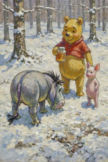 dorotheasharp1 painting.
ehshep1. three anthropomorphic animals in a snowy forest setting. On the left we see the back view of Eeyore grazing on the ground, its ears drooping slightly, and a small tuft of hair on its head. On the right is Winnie-the-Pooh, holding a jar of honey. Piglet is standing beside Winnie-the-Pooh  <lora:dorotheasharp1_f16:1.0><lora:867685353362843426:0>
