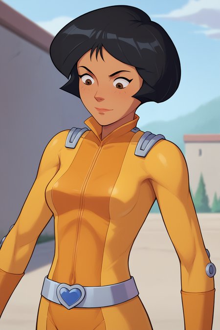 score_9, score_8_up, score_7_up, BREAK, <lora:cummybender-guy-PONYv1:1>, 1girl, solo,  <lora:brj-alex-ponyXL-v0.5:0.95> alex \(totally spies\), short hair, black hair, brown eyes, , yellow bodysuit, belt, outdoors, portrait,