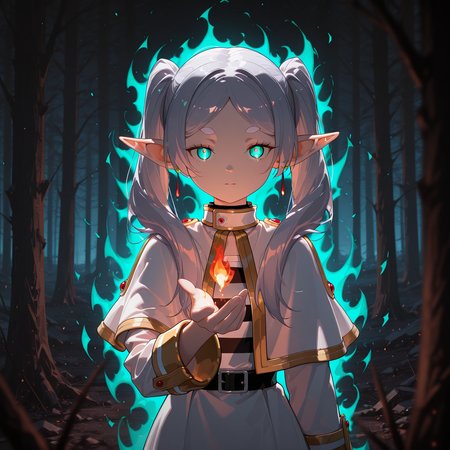 HiRes, BREAK, 1girl, masterpiece, best quality, highly detailed,, (best quality), (ultra-detailed), (best illustration), (best shadow), masterpiece, high res,best quality, highly detailed,RTX,1boy, 8k uhd, unreal engine 5 highly rendered,8k,RTX, 8k uhd,best quality, highly detailed,RTX, 8k uhd, unreal engine 5 highly rendered,8k,RTX, 8k uhd, anime_style, 2D,<lora:reij-rt:1>,masterpiece,best quality, very aesthetic, absurdres 1girl,(((solo))),petite, frieren, twintails, elf, green eyes,small breasts,silver hair,, glowing eyes, hand open,hand up,flame in hand,  green aura, blurry foreground, half body,indoors,older forest,((dark background)),(glowing pupils)