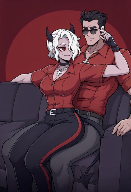 masterpiece, best quality, newest, absurdres, highres, anime, anime style, LPD-V1.0, lapdance, grinding, grinding through clothes, 

1girl, zdrada (helltaker), demon girl, short hair, white hair, horns, demon tail, cross, cross necklace, demon horns, necklace, red eyes, red shirt,

1boy, helltaker (helltaker), black hair, short hair, muscular, muscular male, sunglasses, glasses, sitting, sitting on couch, couch,