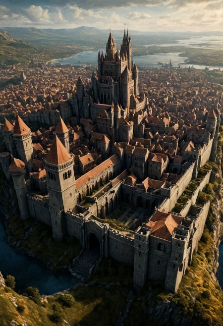 medieval-fantasy aesthetic,  photograph, antiquity temples and fantasy mage towers mark distant skyline background , city surrounded by tall robust wall