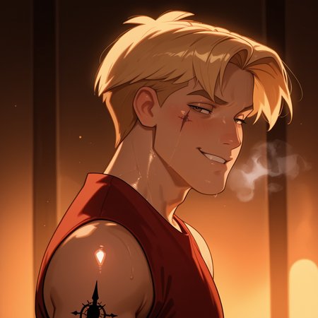 expressive sly face, half-lidded eyes with a cocky gleam, smirking with a lip curl, flushed ears, eye_level:1.2, from the side, looking at viewer, 1boy, male focus, Titanae_Cale, Titanae_Cale_blonde_hair, Titanae_Cale_brown_eyes, wearing Titanae_Cale_red_sleeveless_shirt, Titanae_Cale_right_arm_tattoo, Titanae_Cale_sword_with_thorned_circle_tattoo, shiny skin with neon reflections, drifter_colony_bar, smoky haze and neon signs in purple, ambient steam wisps curling, ultra-realistic tattoo lines sharp and vivid, cinematic depth, masterpiece, absurdres, soft lighting, warm glow, ultra-high quality.
<lora:Titanae_Cale:0.8>, <lora:NoNameStyleVPRED10:0.6> nonamestyle, <lora:Style_4k-data_lora_webui:1>