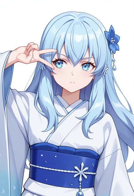 Smooth Quality,masterpiece,very intricate, high quality details, ultra realistic, high detailed skin,detailed enviorement,absurdres,
v over eye,
 <lora:Yusa_CNR:0.8>
yusa_cnr,1girl, blue hair, long hair, bangs, blue eyes,hair flower, 
yusa_cnr_def, japanese clothes, white kimono, yukata, obi, sash, sleeves past wrists,, simple background, white background, front view,solo,, serious,