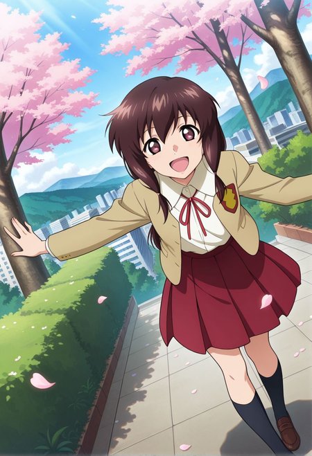 detailed eyes, beautiful, detailed background, perfect eyes,
source_anime, very aesthetic, anime coloring, masterpiece, official art,
<lora:HandFineTuning_XL:1>
BREAK,
cityscape, forest, mountains, flowers, flower petals,
open smile, standing, posing,
full body , dynamic angle,  
looking at viewer,
BREAK,
<lora:mayu_illustrious_v01:0.9>
gsdmayu, brown hair, long hair, brown eyes, sidelocks, tied sidelocks, low tied hair, hair ribbon, ribbon tie, blazer, white shirt, open clothes, open smile, red skirt, pleated skirt