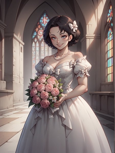 score_9, score_8_up, score_7_up, score_6_up, portrait, 1girl, smile, black hair,  HUD_Wht_Gwn, off-shoulder, Edwardian era satin white dress, long dress, (puffy short sleeves), flower, fitted bodice, pearl necklace, white bows, lace appliques, <lora:hud_wht_gwn_XLP-000008:0.5>, holding bouquet with both hands, smile, marriage ceremony, church, hud_pstl_gth_styl, <lora:hud_pstl_gth_styl_xl:1>