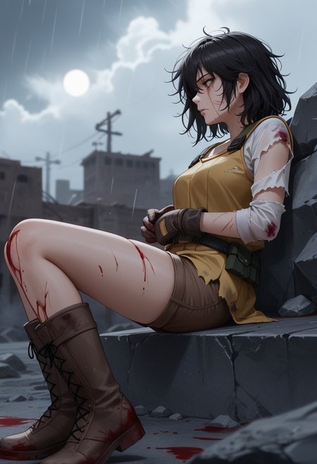 score_9, score_8_up, score_7_up, 
high quality, good quality, High resolution, Detailed, good quality textures. deep skin, skindentation, highly detailed, high resolution, high quality, highres, source_anime, anime screencap, saturation, vivid colors, masterpiece, best quality, newest, absurdres, highres, very aesthetic, intricate, detailed, 
BREAK
1girl, solo, 
magical girl dress, yellow steampunk dress, (brown shorts:1.2), utility belt, brown boots, brown gloves, black tights, 
black hair, medium hair, messy hair,
lying, defeated, 
looking down, blood, blood on clothes, blood on face, tired, battlefield, bloody, corpses, rubble, Battle Damage, cuts, bruises, damaged, torn clothes, blood, fortress, wasteland, desert, heavy rain, dark cloud, night sky, dark theme, light particles, ripped clothes, hurt, injured, scars, blood tears, blood pool, dying, broken sword, reclining on ruin, rocks, ruins, rain, smoke,
side view, low angle, wide shot, 
 blurry background, depth of field, shadow, 
ghostshell, retrostyle,