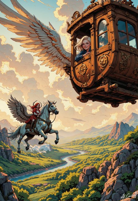 A magical fantasy scene with a richly detailed, ornate wooden flying carriage with large angelic wings soaring through a sunset sky filled with fluffy golden clouds. A smiling young woman with silver-blonde hair leans joyfully out of the carriage window. Below, a majestic white winged horse with golden spots flies upward through the clouds, carrying a warrior woman with flowing red hair and a red outfit, leather armor, and boots. The landscape below features a lush, green valley with a winding river, scattered forests, and rocky cliffs. In the background, soft golden light bathes distant mountains under a vibrant, painterly sky. Highly detailed, whimsical, cinematic lighting, epic fantasy art style., WackyBrightDaal, MysticComic<lora:Flux/wacky-bright-illustration.safetensors:0.5000000000000001:0.5000000000000001> <lora:CustomFlux/MysticComic-v3.safetensors:0.5000000000000001:0.5000000000000001> <lora:Flux/It's a LoRA for portraits, BUT! actually specialized in backgrounds. v1.0.safetensors:0.25000000000000006:0.25000000000000006>