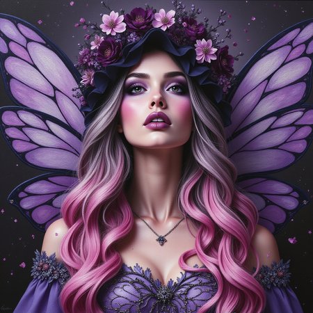 oil painting portrait in the style of Keith Garvey, a boujee fairy, with large iridescent wings, with long, wavy pink and black hair cascading down her shoulders. gorgeous eyes, with dark, dramatic purple eyeshadow and long, thick lashes. Her lips are painted a deep purple, She wears a periwinkle spring dress with intricate patterns and a dark veil adorned with delicate purple and pink flowers. blossoms fall gently in the background, creating a mystical and ethereal atmosphere. starry bg  <lora:Detailer2K:0.40> <lora:Dever_Flux_Enhancer:0.50>  <lora:Midjourney_-_SemiReal_Dreams_FLUX_LoRA:0.45> <lora:rendered_face_test:0.45> <lora:TEST_1:0.50>  <lora:OBååå®èåç»V2.0 semi realistic colored pencil potrait:0.55> <lora:Flux.Daddario:0.45> <lora:JessicaAlbaV1:0.45>