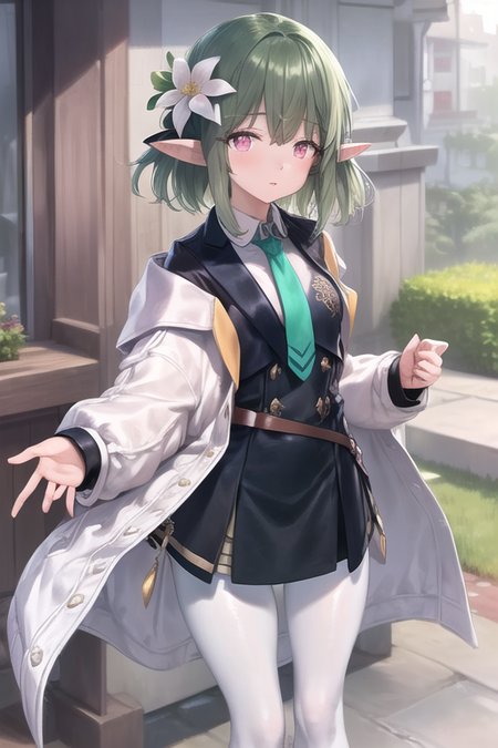 masterpiece,best quality, 1girl, solo, pointy ears, pink eyes, pantyhose, hair ornament, white pantyhose, green hair, hair flower, necktie, long sleeves,   bangs, short hair, jacket, puffy long sleeves, coat, shirt, puffy sleeves, white jacket

 <lora:Castelle:0.8>