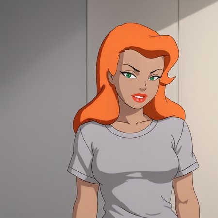 <lora:poisonivybtas_pony_v1:.8> PoisonIvyShirt, 1girl, solo,  green eyes, lipstick, t-shirt, long hair, orange hair, makeup, breasts, dark skin, short sleeves, red lips, dark-skinned female, cowboy shot