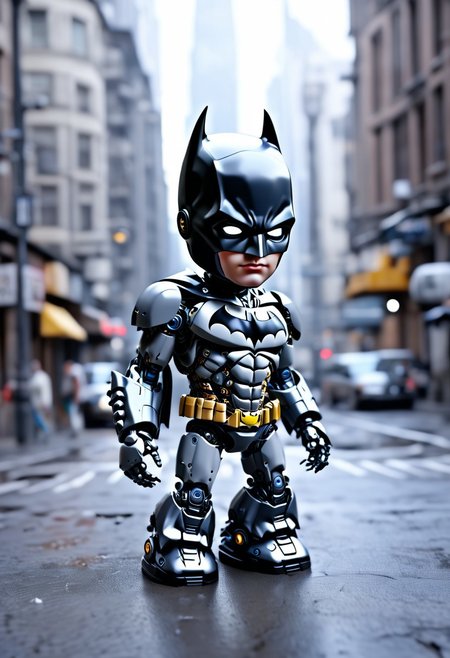 Cute Robot Batman , Jed-Rbmls, masterpiece, intricate details, street , focus blur, hd, 8k, high definition, BREAK, score_9, score_8_up, score_7_up, score_6_up,Batman1997-1024