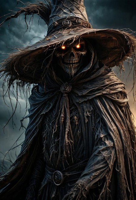 Scarecrow of the Apocalypse. A menacing figure cloaked in darkness, adorned with tattered robes and a weathered hat. His eyes glow with an otherworldly light, instilling fear in all who cross his path. His presence heralds doom and despair, a harbinger of the end times. Capture the eerie essence of his form in a single scene. DEVIL SPAWN.
