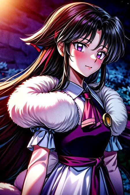 masterpiece,  best quality 1girl Setsun4 solo long hair,  (night time) forest background black hair very long hair purple eyes multicolored hair armor (fur trim) (medium body),<lora:EMS-179-EMS:0.800000>,<lora:EMS-293862-EMS:0.800000> bow, hair_bow, hair_tubes, red_bow, brown_hair, long_hair, bangs, sidelocks, ascot, brown_eyes, frilled_bow, yellow_ascot, blush, smile, hair_between_eyes