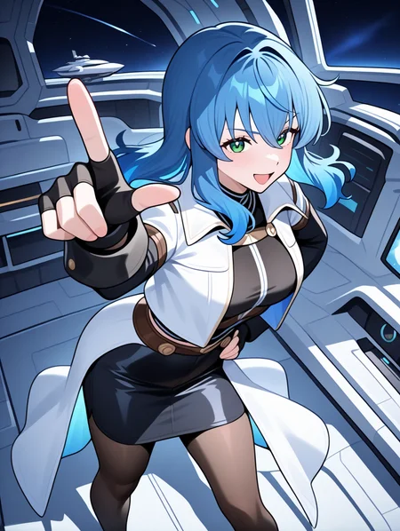 perfect quality,best quality,absolutely eye-catching,ambient occlusion,raytracing BREAK
1girl,<lora:maria IL v1.1:0.8>,maria,solo,green eyes,fingerless gloves,blue hair,open jacket,black pencil skirt,pantyhose,black shirt,black long sleeves,separate white coat,breasts plate,space ship,indoors,, from above,medium_shot,the_pose,pointing,hands_on_hips,convenient_leg,