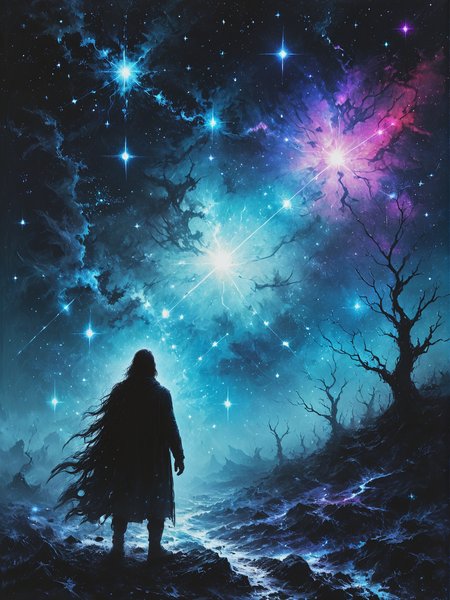 Wizards draw constellations with stardust, ultra-fine digital painting, <lora:xl_more_art-full_v1:0.3>,  <lora:Desolation:0.6> <lora:gorgoeus_splash_of_vibrant_paint:0.7> Gorgeous splash of vibrant paint