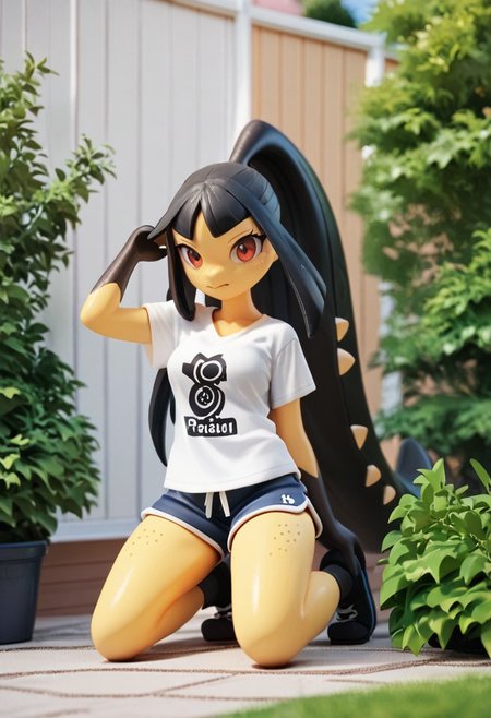 zPDXL3, score_9, score_8_up, score_7_up, score_6_up, score_5_up, score_4_up, 1girl, solo, medium breasts,
grimace, kneeling, t-shirt, lowleg shorts, garden,
pkmaw,