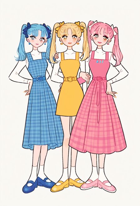 score_9, score_8_up, score_7_up, score_6_up, source_anime, <lora:rikuwo_v0.3-pony:1>
long hair, looking at viewer, smile, bangs, blue eyes, multiple girls, blonde hair, simple background, shirt, long sleeves, white background, dress, bow, ribbon, twintails, brown eyes, jewelry, blue hair, standing, full body, hair ribbon, yellow eyes, white shirt, pink hair, short sleeves, hair bow, heart, earrings, shoes, choker, socks, puffy sleeves, belt, 3girls, blunt bangs, hand on hip, parted bangs, grey eyes, plaid, makeup, blue dress, turtleneck, blue bow, short dress, lipstick, pink bow, pink dress, mary janes, blue footwear, pink lips, pink footwear, pinafore dress, yellow dress, locked arms, arm hug, plaid dress, lineup, watson cross, blue belt, fashion, matching outfit, pastel colors, yellow belt, pink belt