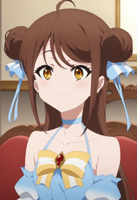 score_9, score_8_up, score_7_up, score_6_up, score_5_up, score_4_up , anime coloring ,BREAK source_anime, anime,screencap,  <lora:Pony Silver Meteor Style:1>
1girl, solo, falanyaa, bare shoulders, chest bow, blue hair ribbon, detached sleeves, gold bangle, blue dress, blue choker, <lora:PonyXL Falanya:1>
indoors, upper body,
smile, looking at viewer,